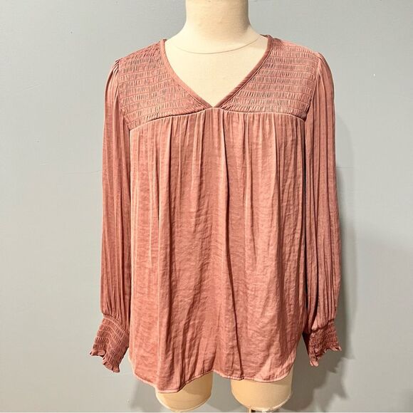 NWT Knox Rose Pink Satin Smocked V-Neck Bishop Long Sleeve Blouse Size Small - Picture 1 of 5